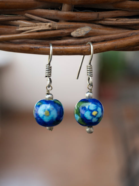 Single Blue Pottery Bead Earrings ( Blue & Green)
